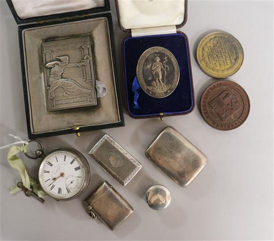 A silver vesta case, silver pill box, silver snuff box and other items including cased medallions, pocket watch etc.